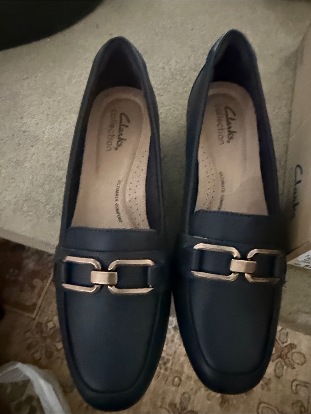 Clarks Women's Navy Loafers with Gold Bit Detail